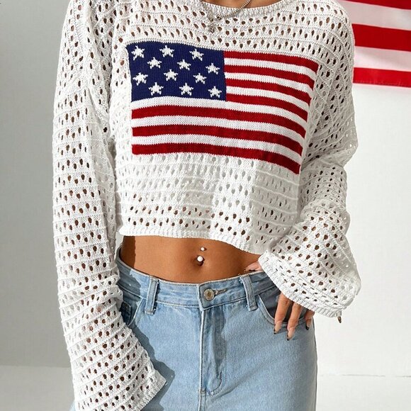 White Casual Women's Hollow Out Sweater With Flag Print Round Neck - Picture 7 of 7